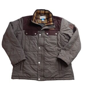 Columbia Mens Quilted Jacket Plaid Lined Snap Button Pockets Brown Size M